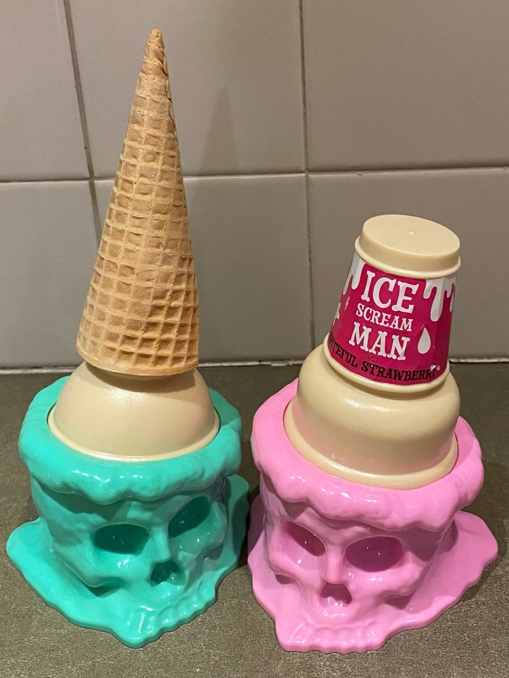Ice Scream Man Skull Ice Cream Cone Holder- Pink and Green